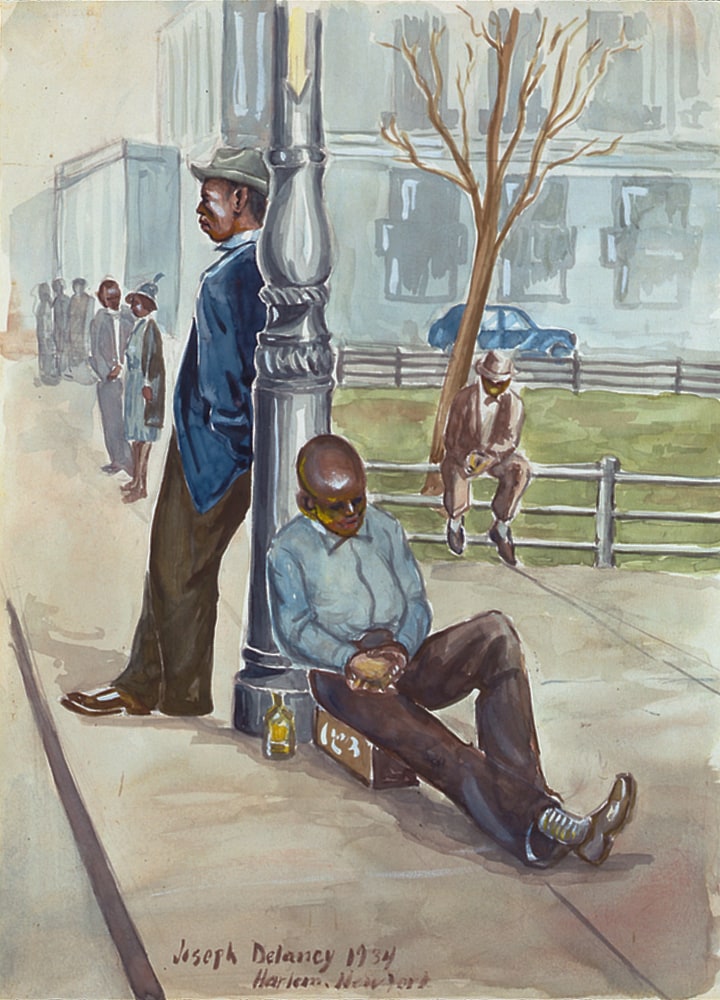 Watercolor painting of a city scene, with two men leaning against a lamppost (one seated, one standing), a third man sitting on a fence and other figures receding into the background