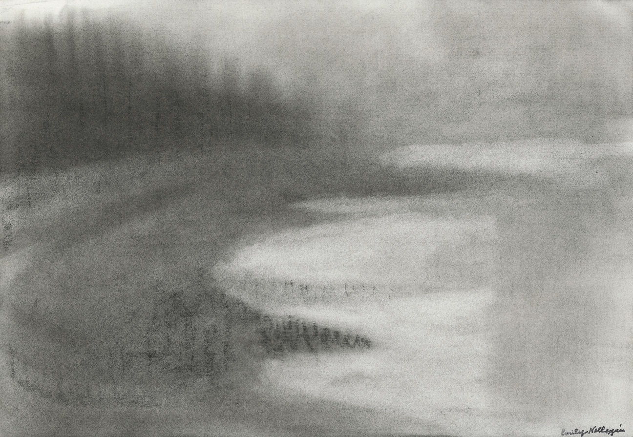 Charcoal landscape drawing of the shore and trees with light reflecting on the water