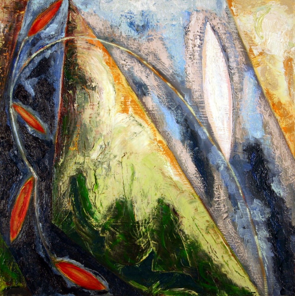 Abstract painting consisting of an arrangement of planes of color in green, blue and yellow, with plant-like form with red and white leaves curving across and down the left side of the canvas