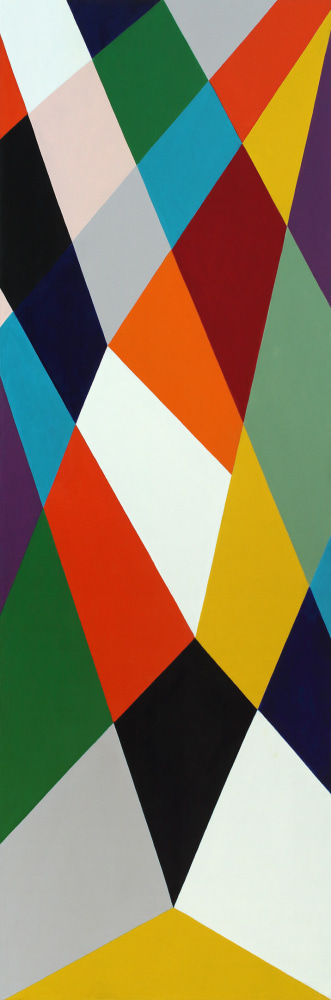 Geometric abstract painting with interlocking shapes in green, blue, purple, grey, yellow, orange, pink, and white