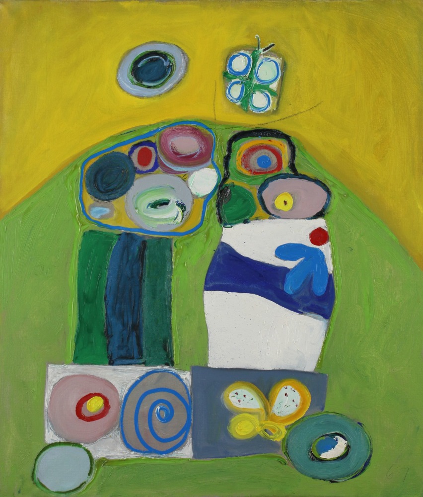 Abstract painting with playful forms and swirls in the center of a green and yellow ground