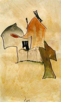 Barns, 1935, watercolor and ink on paper, 7 x 5 inches