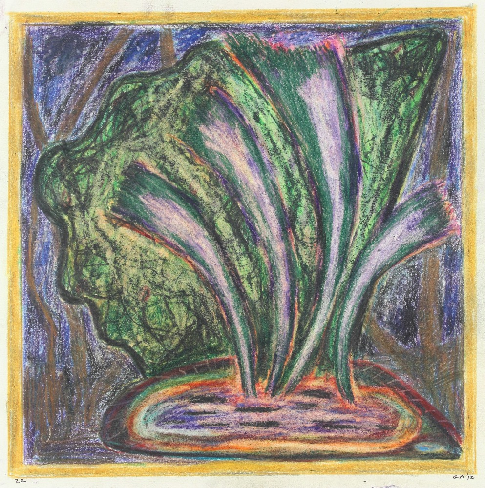 Abstract drawing on paper with purple, green, orange and brown organic forms, framed in yellow