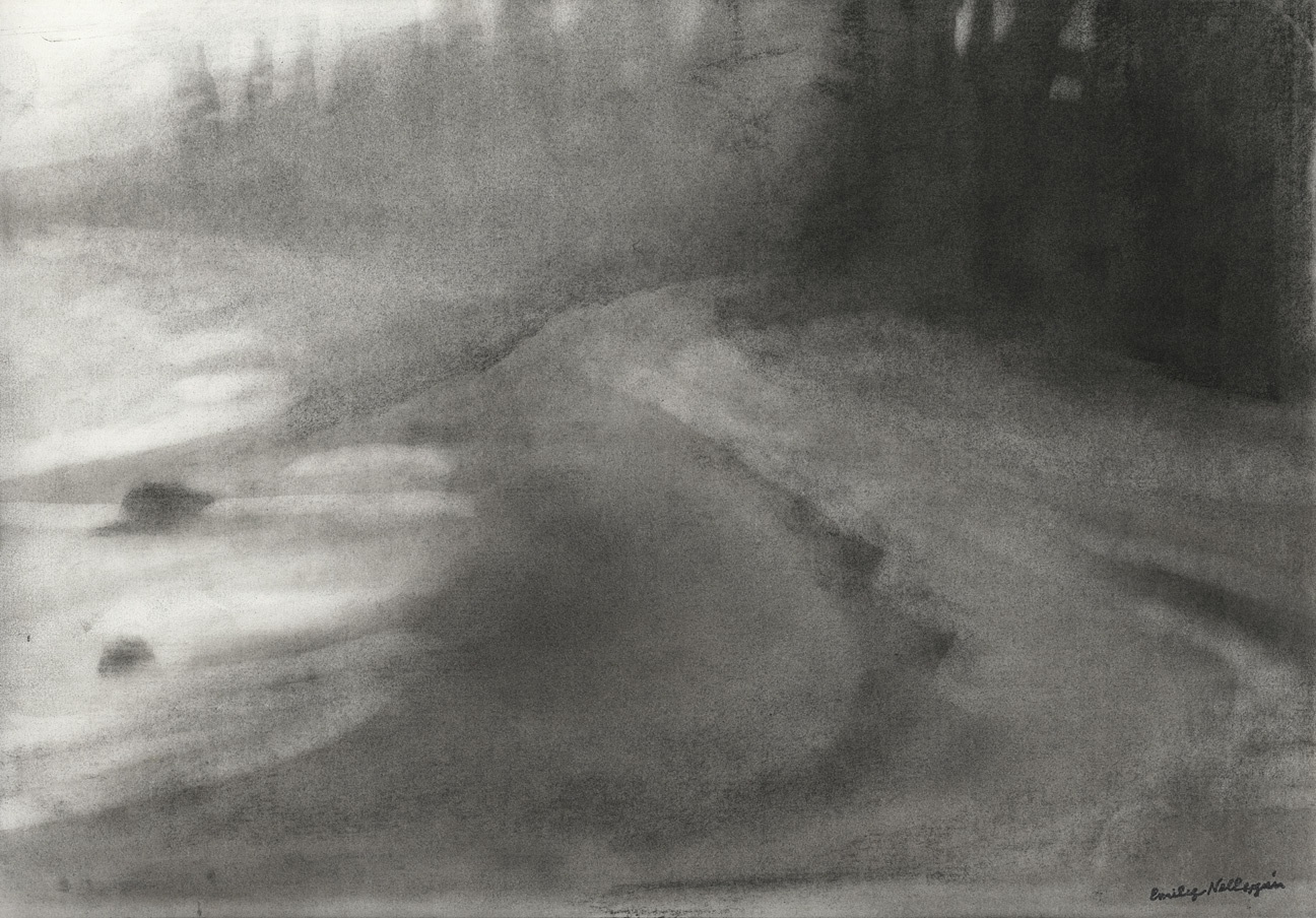 Charcoal landscape drawing of a sandy shoreline and waterline to the left
