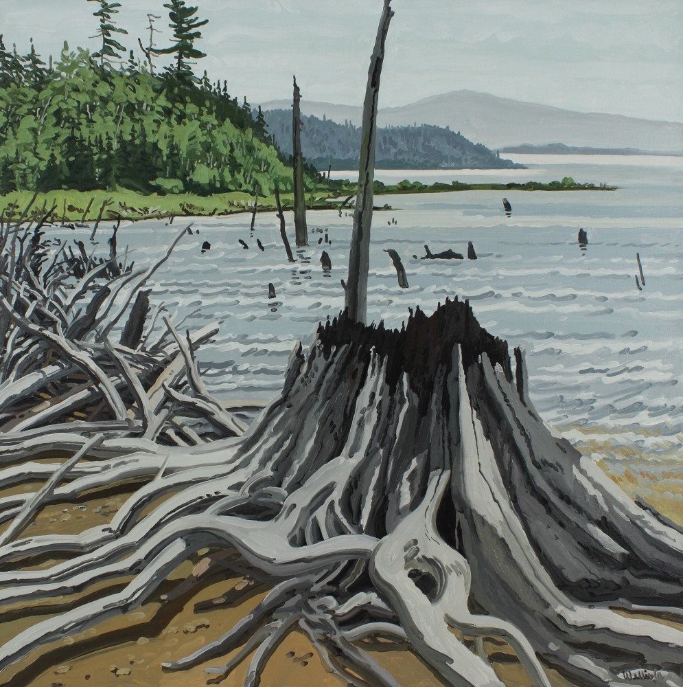 Painting of a stump and piles of grey driftwood on a shore, with trees and mountains in the distance