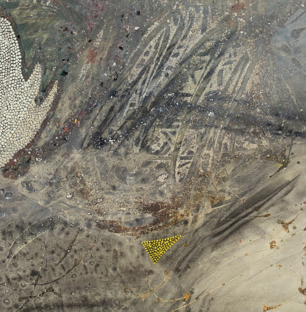 Textured abstract painting with layered, atmospheric washes of grey