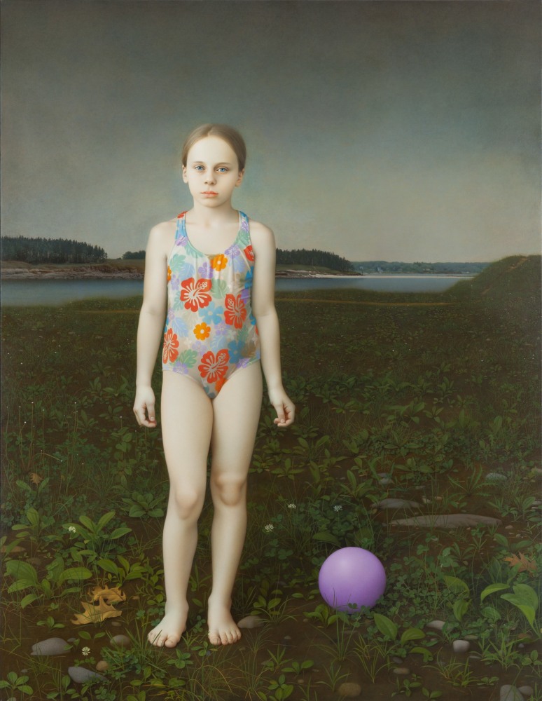Portrait of a young girl in a flowered bathing suit standing in a dark landscape, with a purple ball on the ground to her left