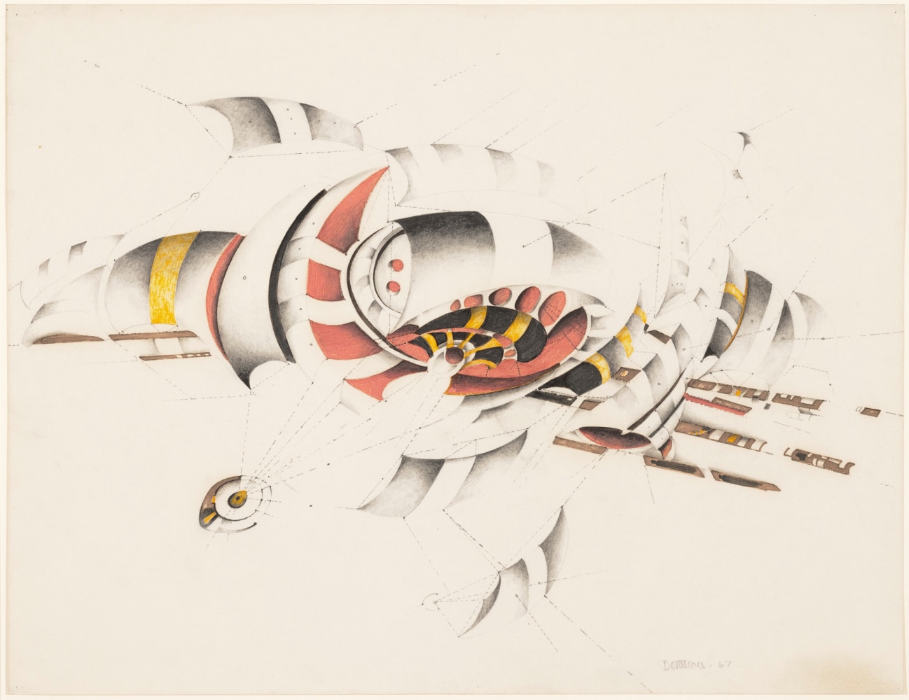 Abstract drawing of mechanical, curving forms