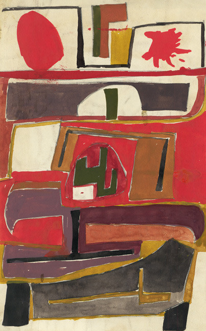 Abstract painting on paper consisting of geometric forms in red, mauve, grey, green and ivory