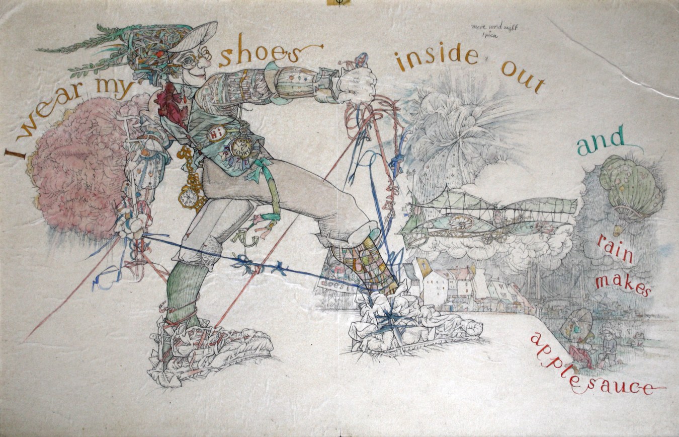 Marvin Bileck,&amp;nbsp;I Wear My Shoe Inside Out and Rain Makes Applesauce,&amp;nbsp;1964, graphite and colored pencil on paper, 9 1/2 x 14 3/4 inches