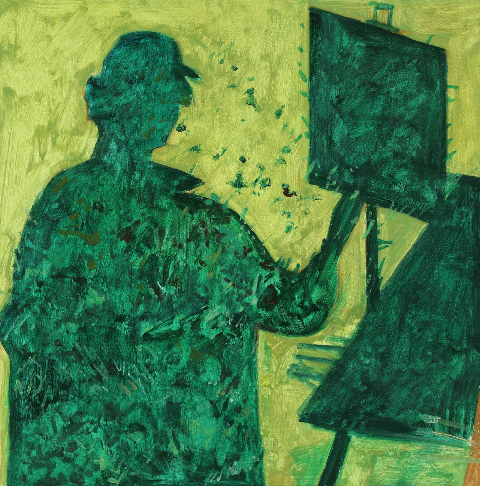 Painting of a view of the ground, with a person's shadow on the grass