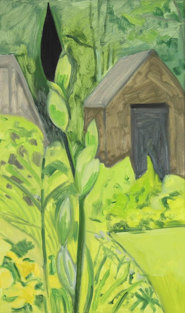 Painting of a black flower bud in the foreground with a small brown building in the background, surrounded by trees and grass