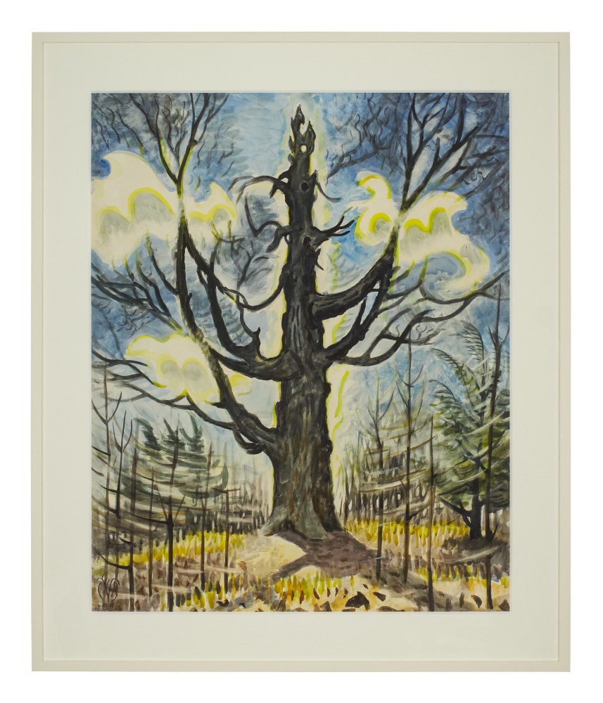 Painting showing a dark, dead tree looming in the center of a field, with a blue sky and bright clouds behind, surrounded by smaller trees