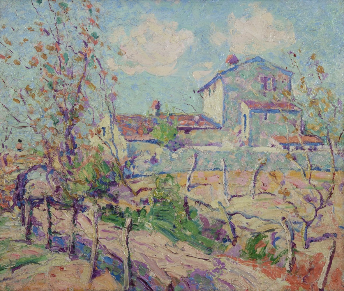 Impressionist painting of a French landscape scene, with a white building set behind trees and land, with a road curving around it and under a bridge to the left