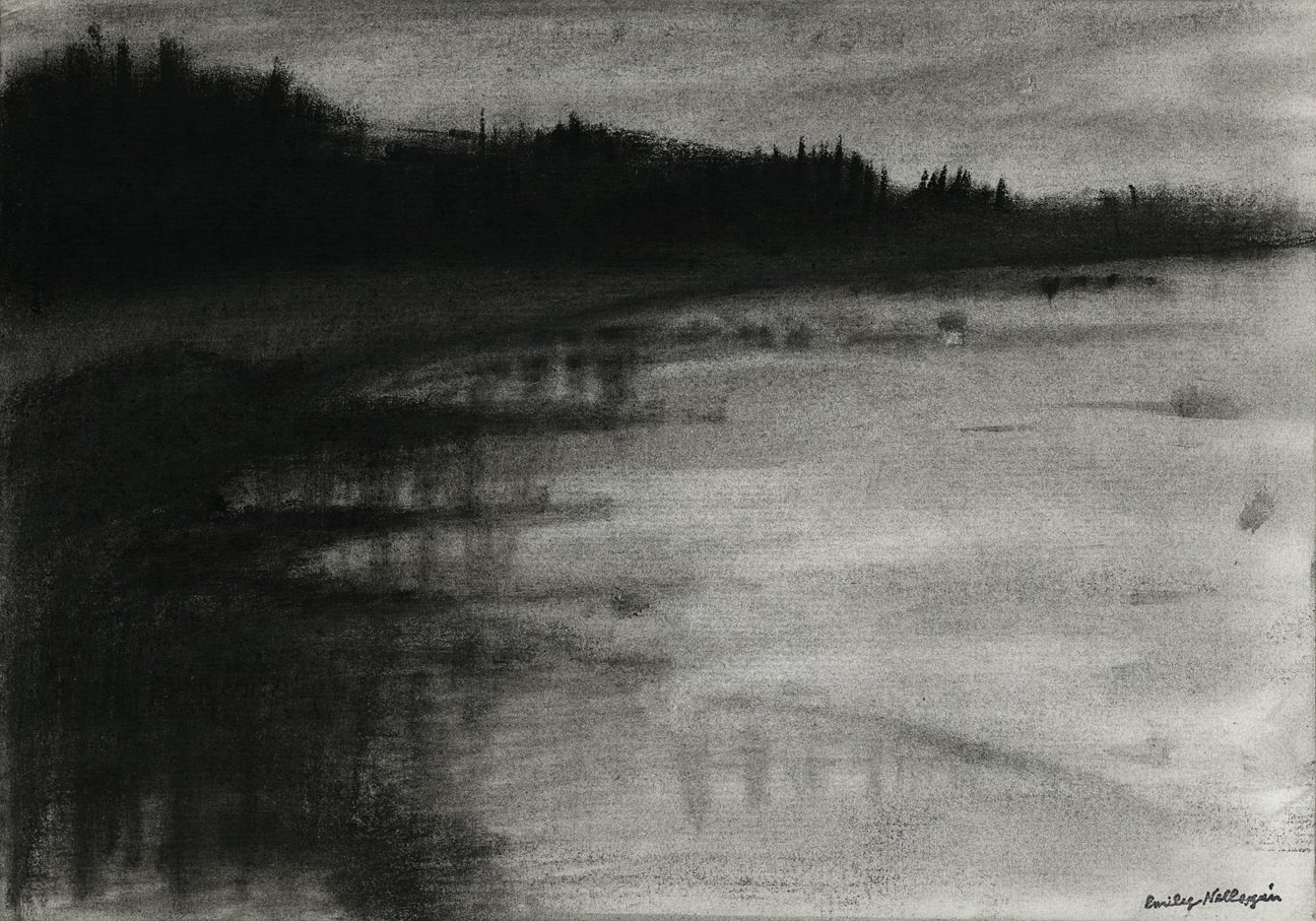 Charcoal landscape drawing of the sky and sea in dim lighting, with a hazy sky reflecting on the water