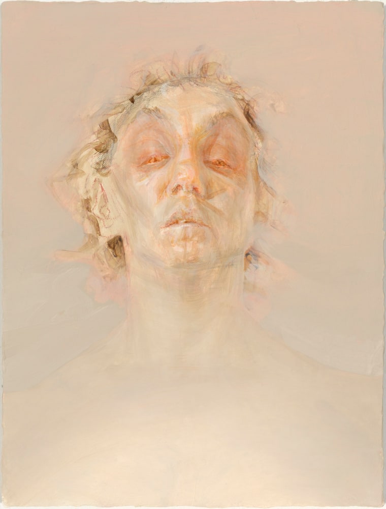 Painting of a nude figure from the shoulders up, standing against an atmospheric pink-beige background