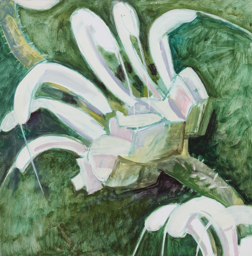 Painting of a close up view of a white flower against a green background