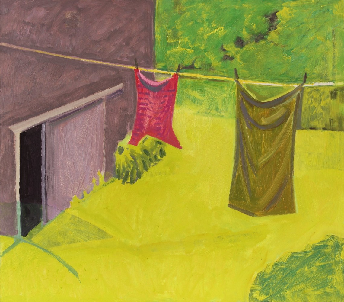 Painting of a pink piece of cloth and a green piece of cloth hanging on a clothesline against a mauve-colored building with green trees behind and yellow grass below