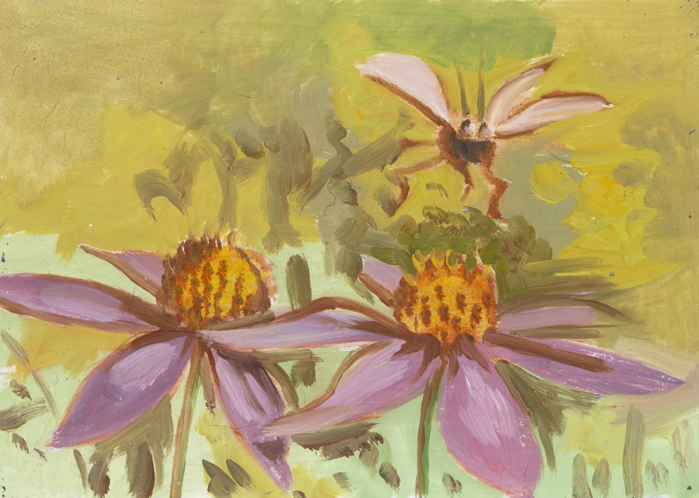 Painting of two pink flowers with a flying insect hovering over them, on a green ground