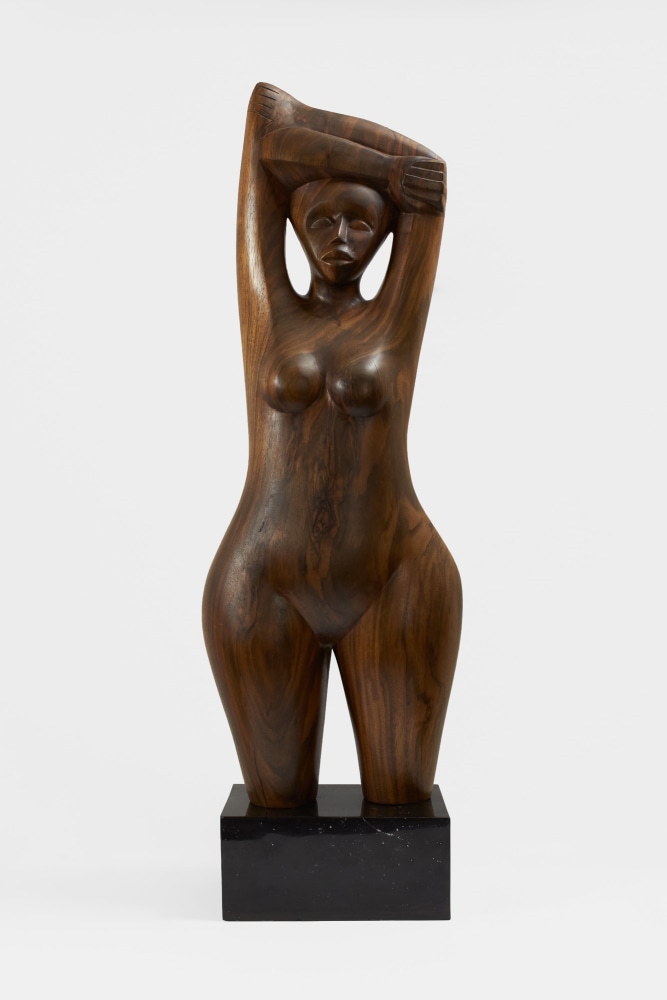Untitled (Female Figure with Arms Raised), 1979, carved wood, 32 1/2 x 10 x 7 inches
