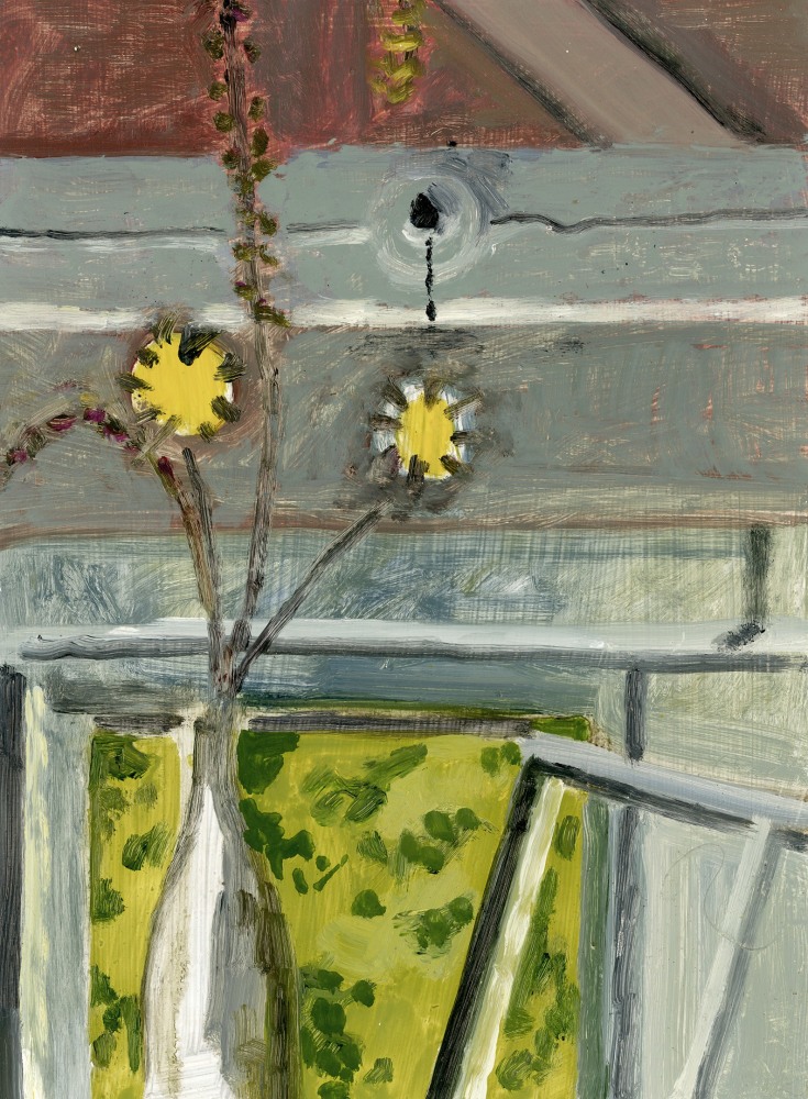 Painting pf a vase of yellow flowers in front of an open window, with the windowpane falling out at the seams