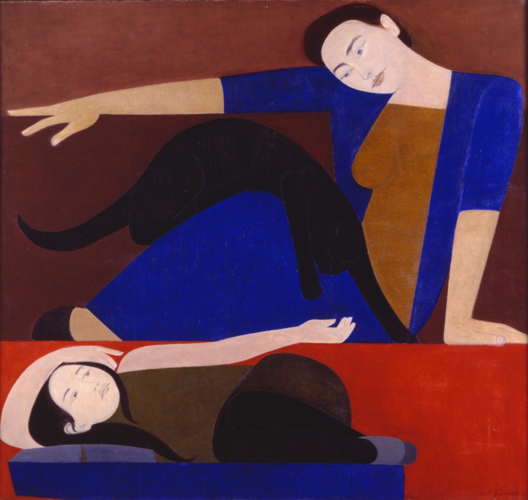 Painting of a woman and child reclining in a red interior, with a black cat crawling over the lap of the woman