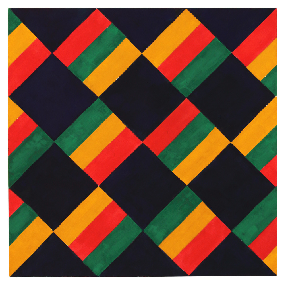 Geometric abstract painting with black diamonds interlocking with squares containing green, yellow, and red stripes