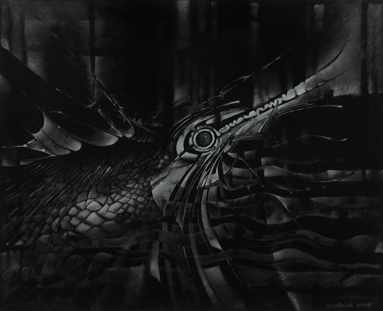 Drawing of amorphous, mechanical forms rising out of a dark background
