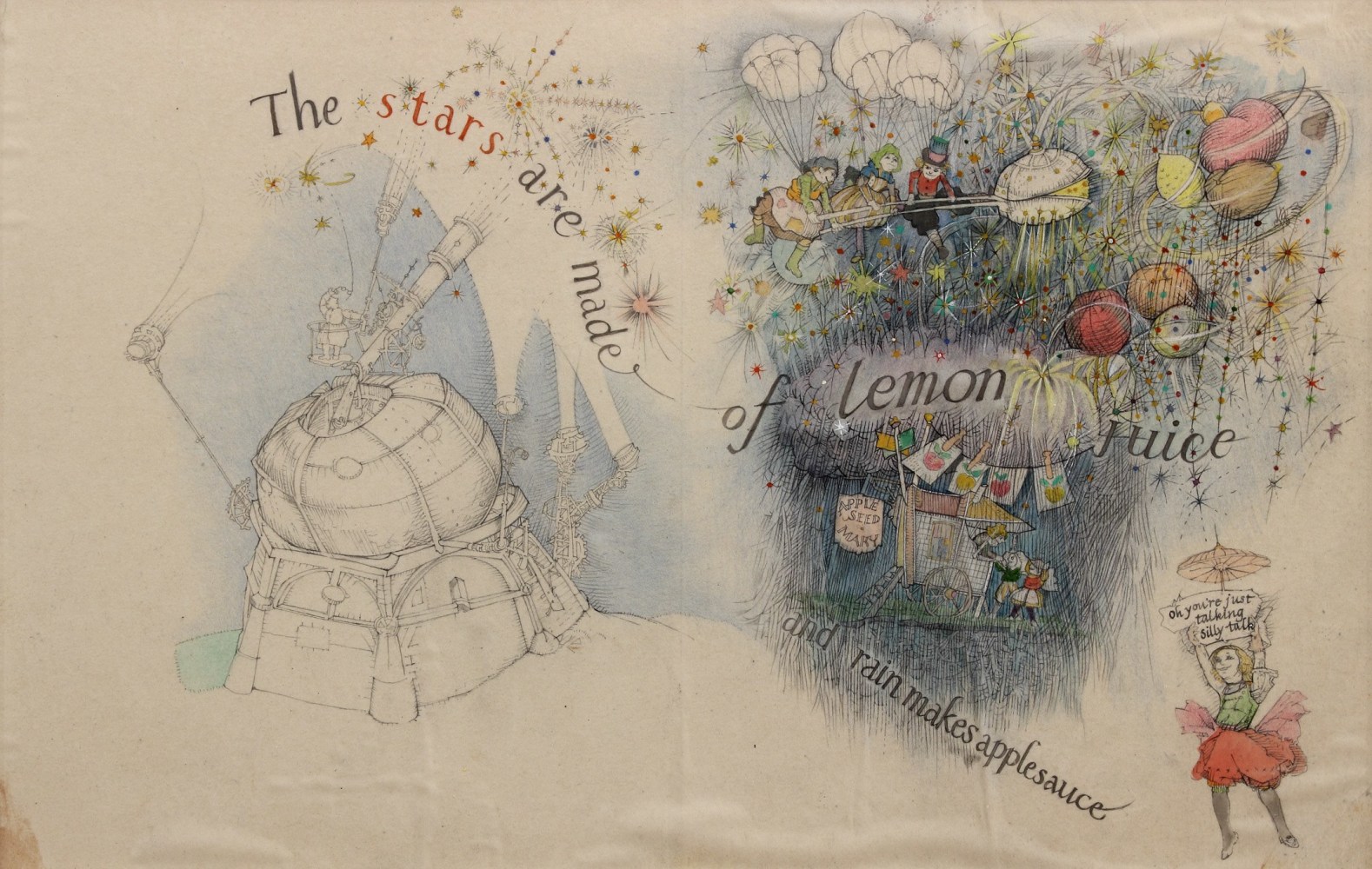 Marvin Bileck,&amp;nbsp;Rain Makes Applesauce (The stars are made of lemon juice),&amp;nbsp;1964, graphite and colored pencil on paper, 9 1/2 x 14 1/2 inches