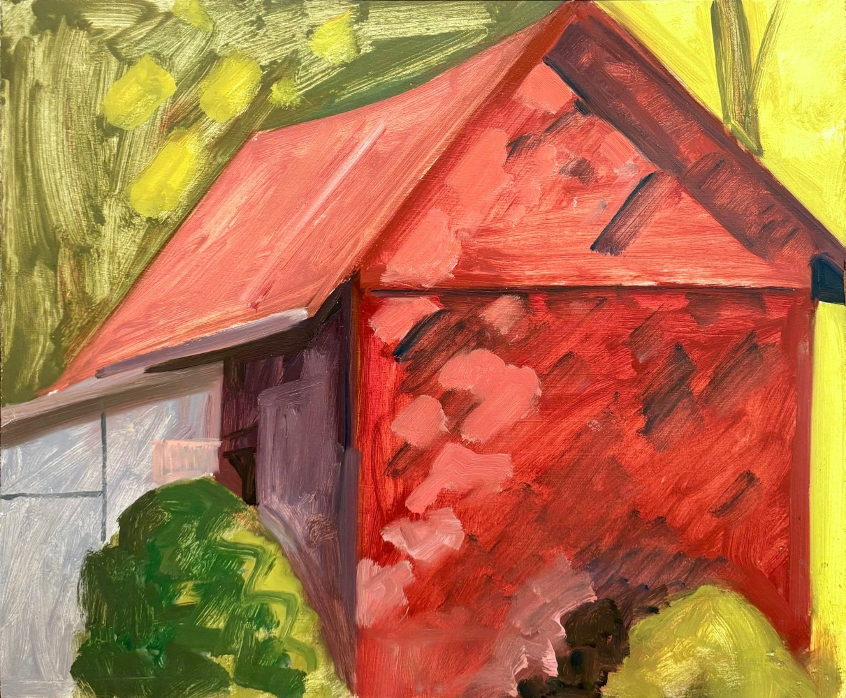 Lois Dodd, Red Shed, 1991, oil on Masonite, 10 x 12 inches