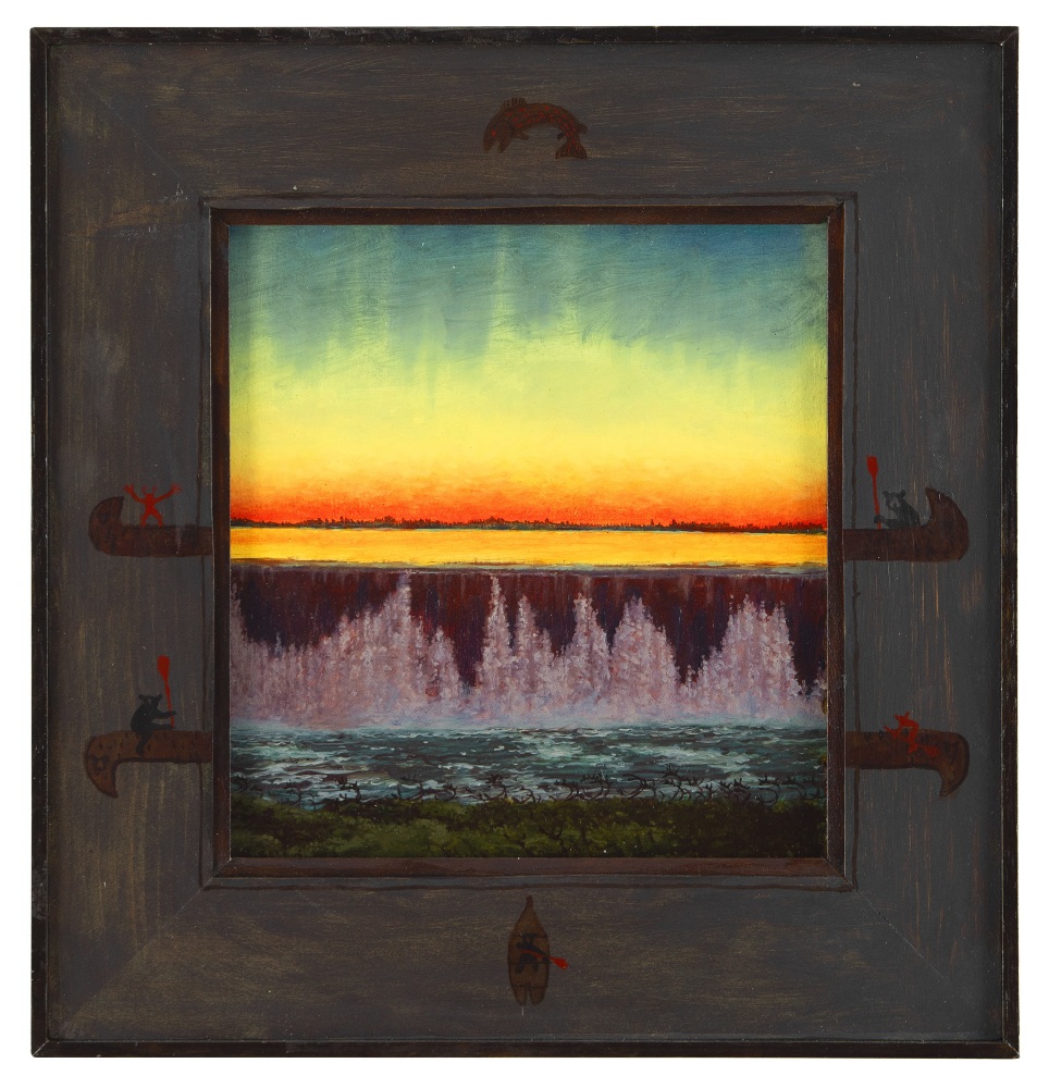 Painting of a vibrant sunset and water flowing over a dam