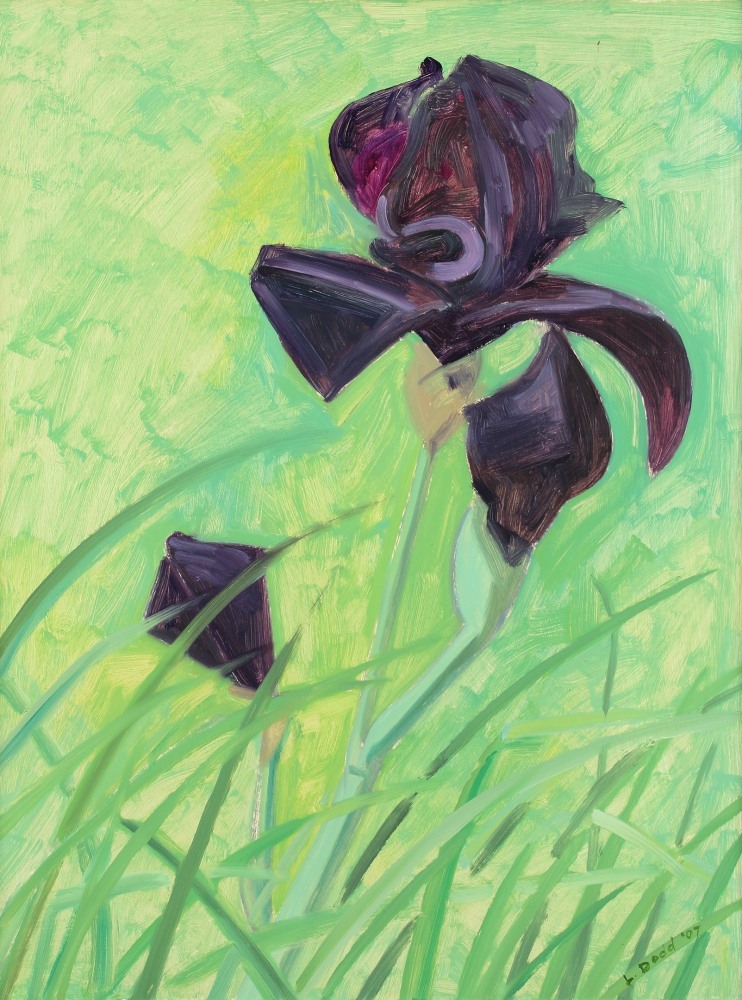 Painting of a dark purple flower in yellow-green grass