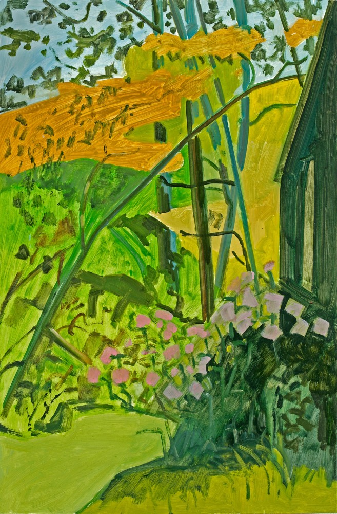 Painting of a lush green landscape, with the side of a building on the right side of the canvas and pink flowers in the foreground