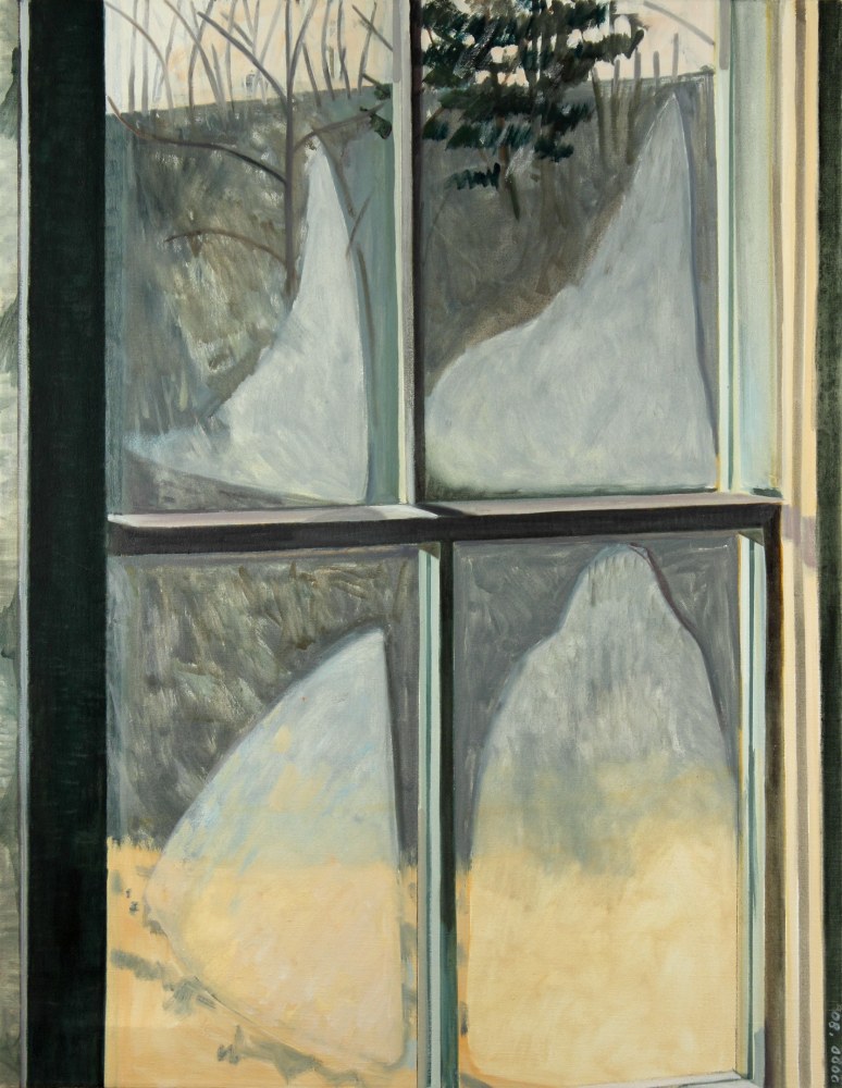 Painting of a window looking outside, with patches of steam on the glass