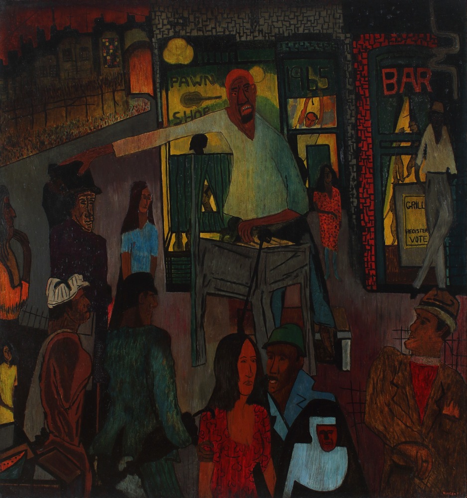 Abstracted, expressionist painting of a group of people gathered and mingling on a city sidewalk in front of various shops
