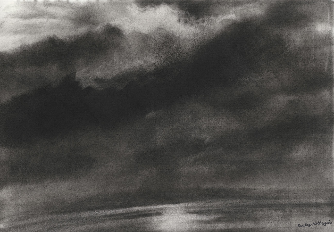 Charcoal landscape drawing of the sky and ocean at dawn or dusk, with dim sunlight coming through dark clouds and reflected off the water