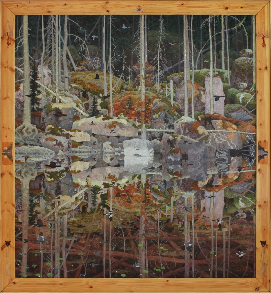 Painting of a forest landscape and its reflection in a body of water below, with a flock of birds flying to the left side of the canvas