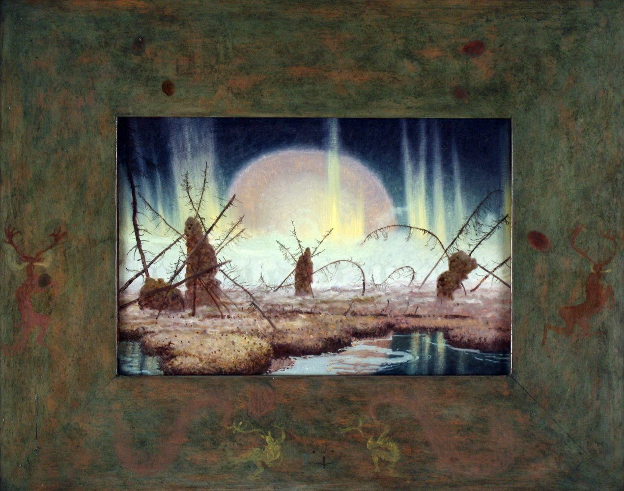 Surreal painting of a landscape inhabited by two creatures standing on their hind legs in a marsh, with a radiant sun and sky in the background