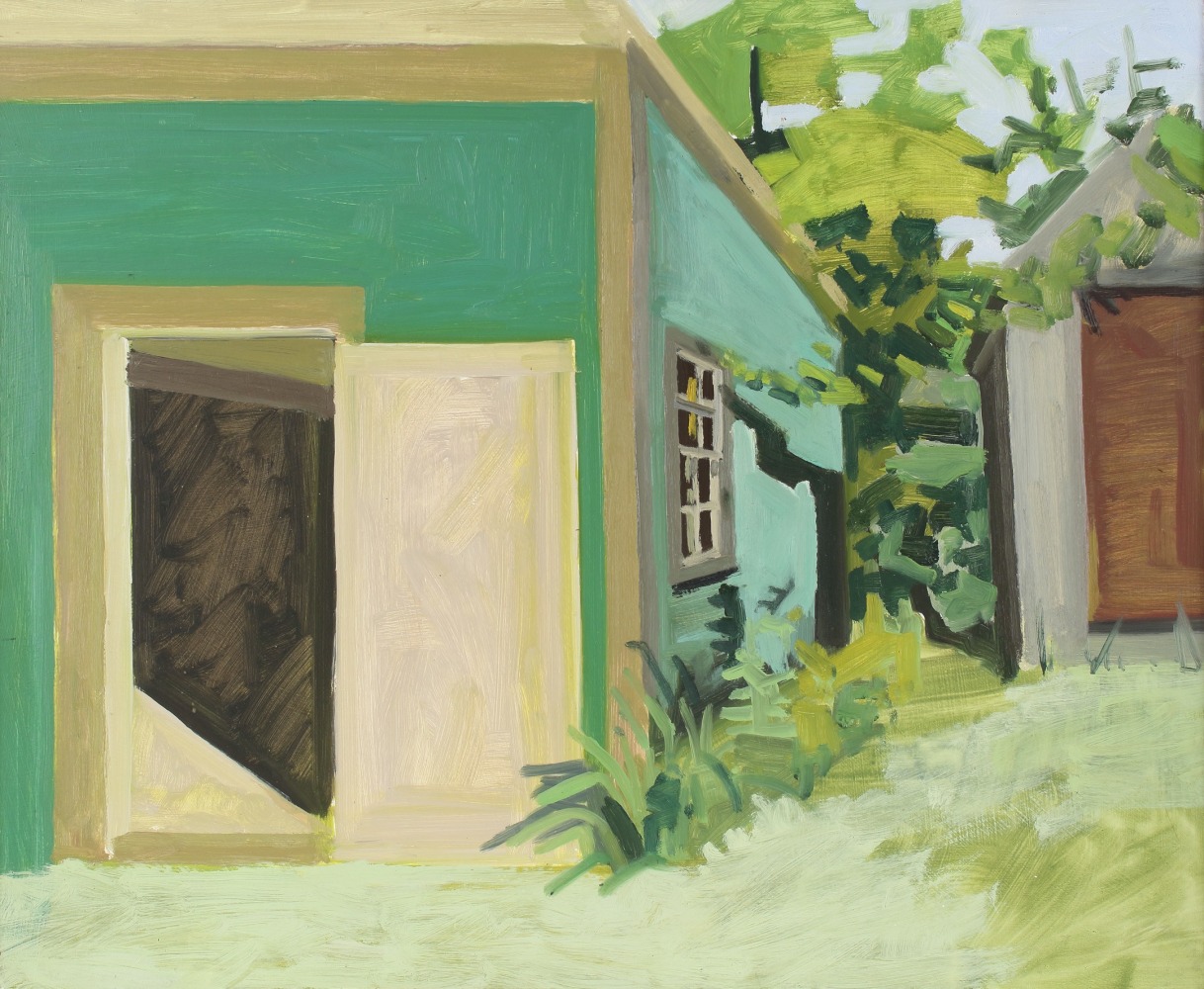 Painting of a green building and brown shed with trees behind them