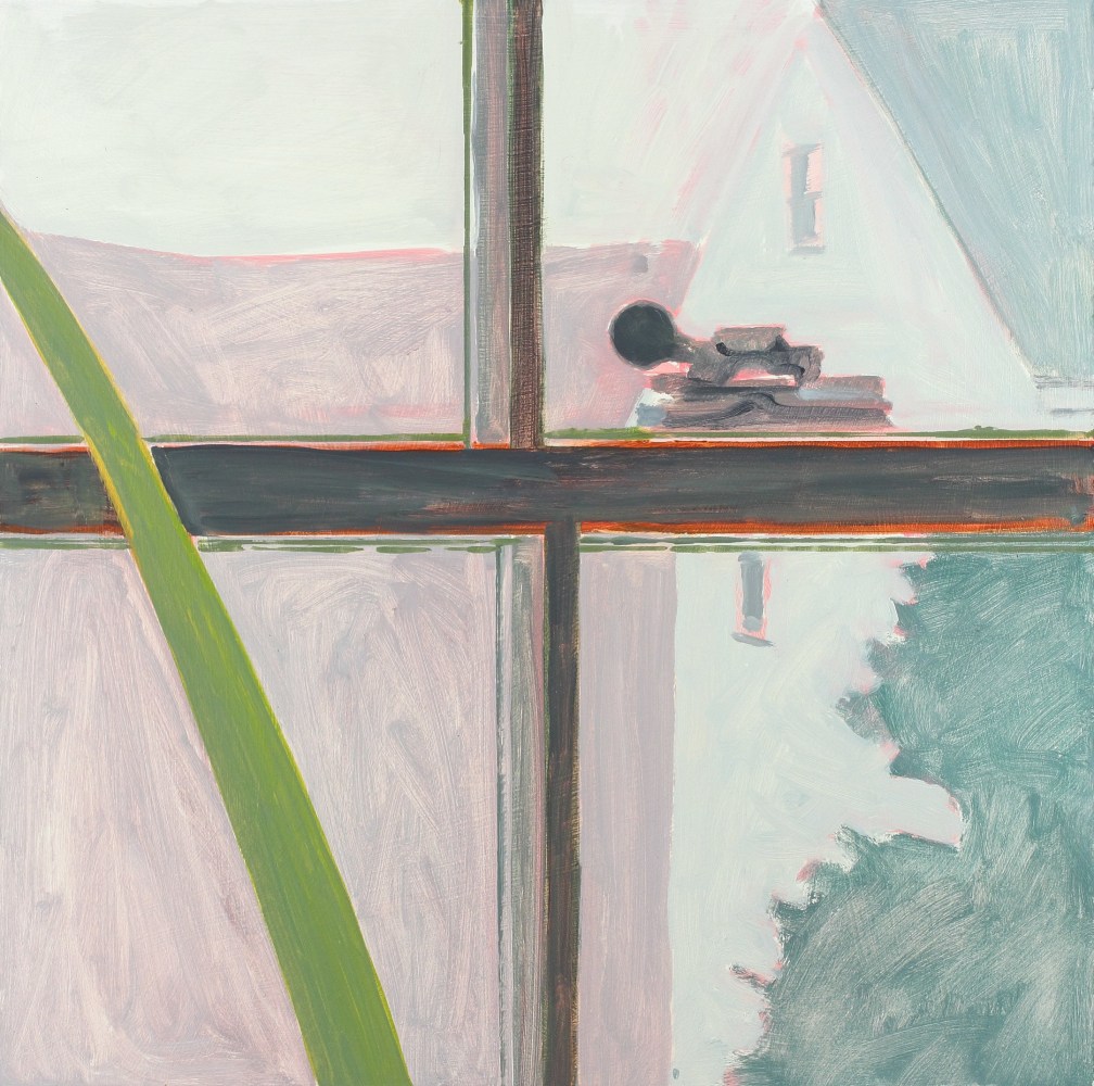 Painting of a close-up view of a window latch and cross piece, with a green leaf in the foreground and a view of a building and yard in the background