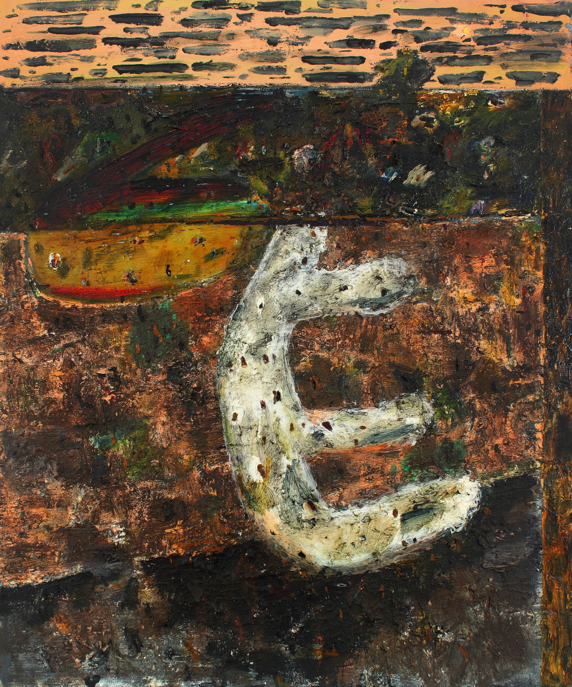 Abstract painting consisting of brown and black bands of color with an organic white form and a yellow half-circle near the center of the canvas