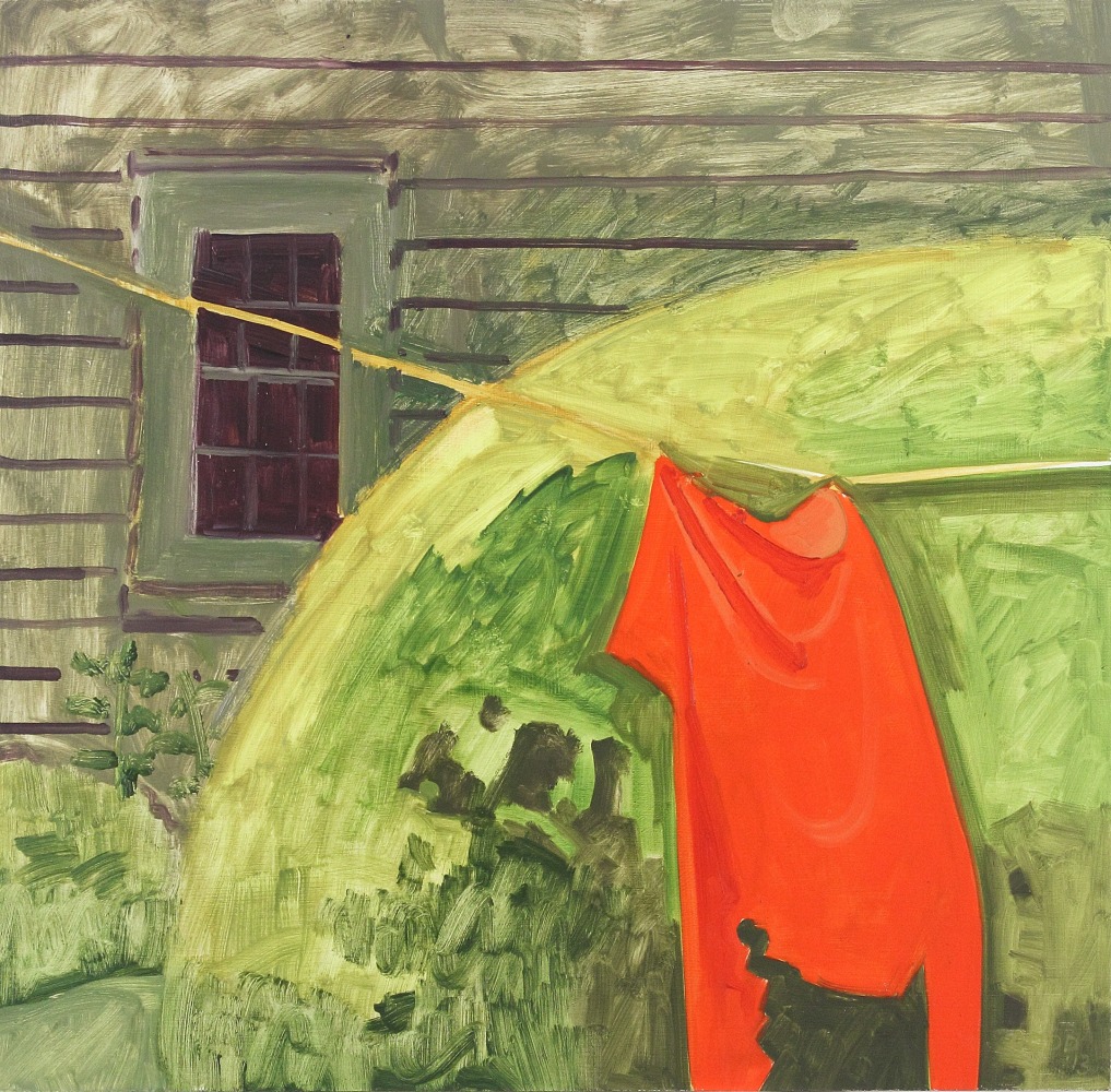 Painting of a red shirt hanging from a clothesline, with green bushes and a brown building in the background