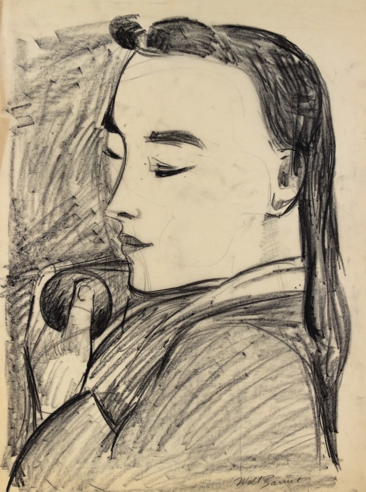 Graphite drawing of a woman with eyes closed, holding a ball