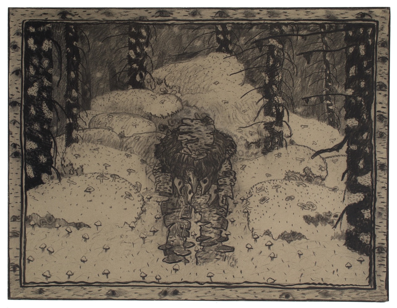 Surreal drawing of a mythical tree-like creature sitting in a winter forest scene