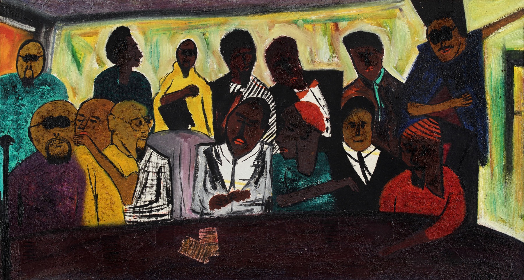 Abstracted, expressionist painting of a group of people gathered around a table, talking