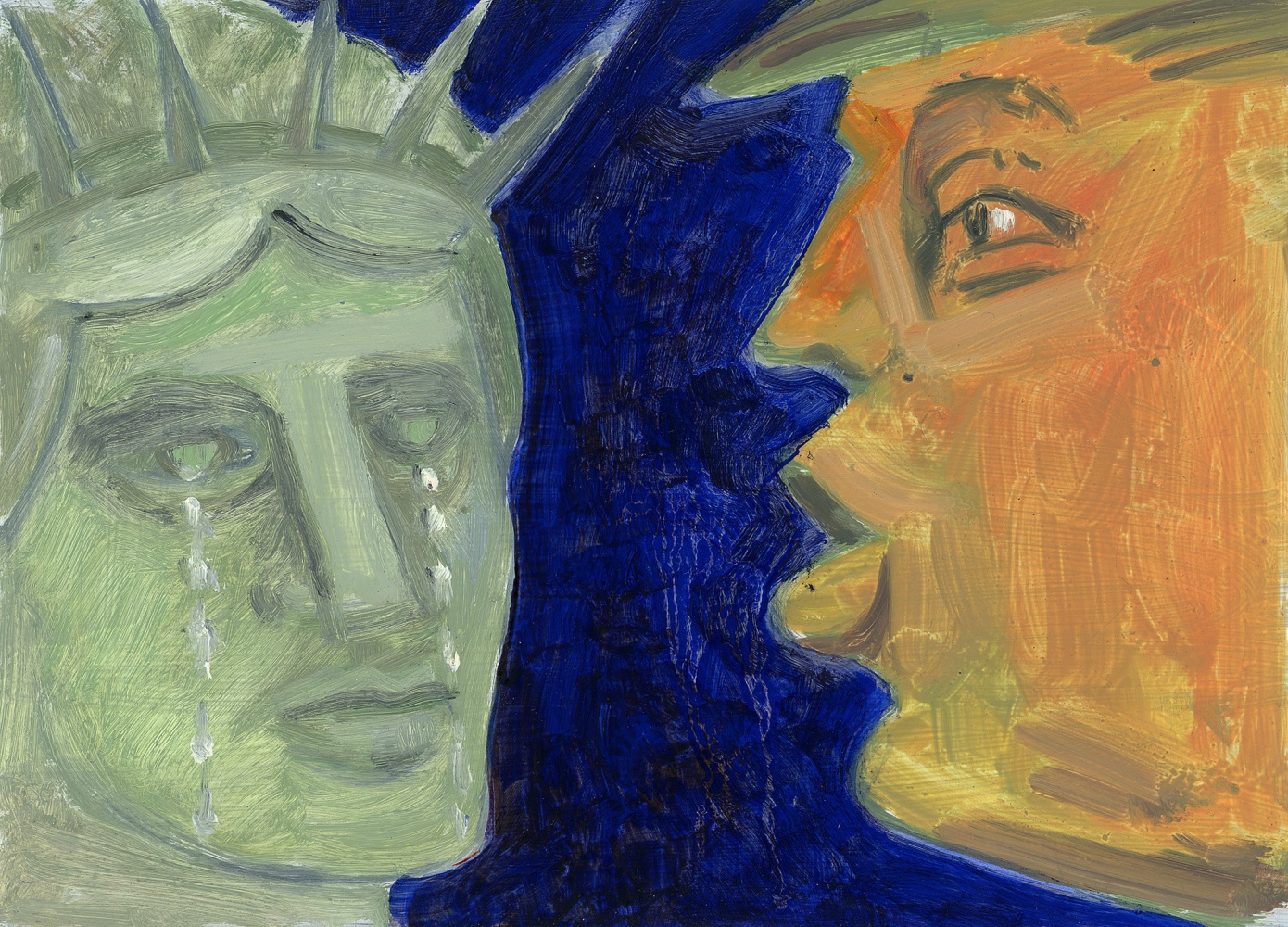 Painting of the Statue of Liberty's head on the left side with tears streaming down her face, and the head of Donald Trump on the right side, with a deep blue background