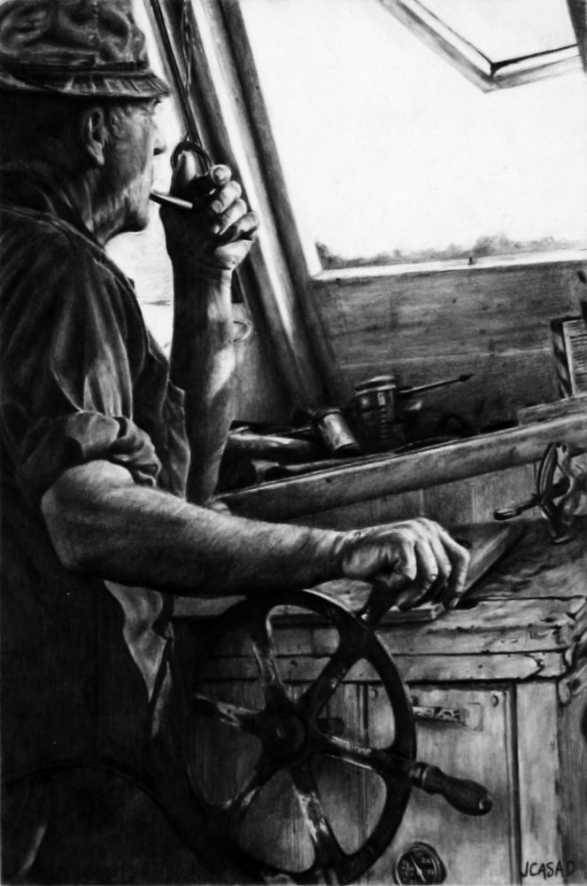 Realistic graphite drawing of a man at the helm of a ship, with one hand on the wheel and the other holding a pipe to his mouth