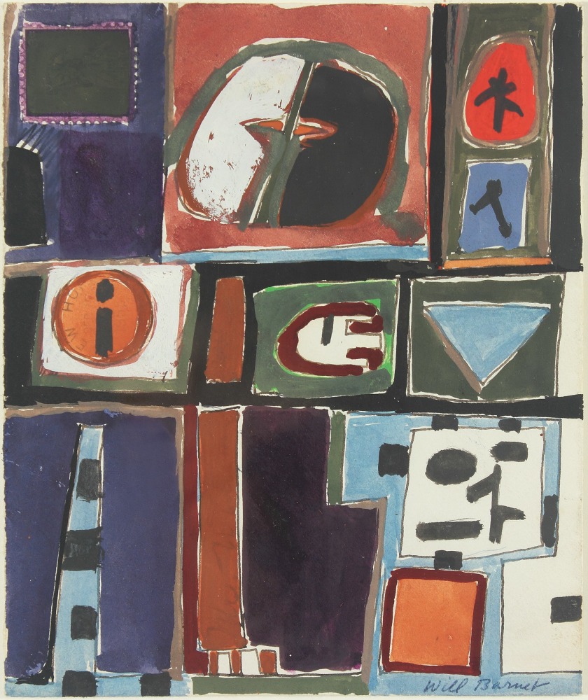 Abstract painting on paper consisting of interlocking geometric forms in blue, purple, orange, red, grey, black and white