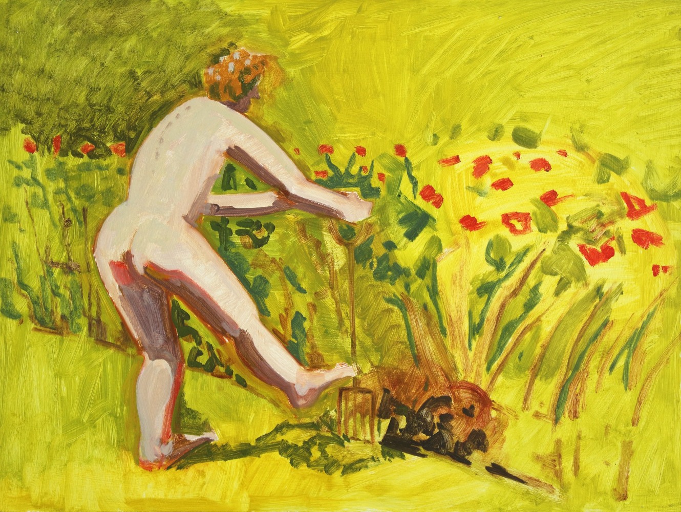 Digging Up Red Flowers, 2004, oil on Masonite, 12 x 16 inches