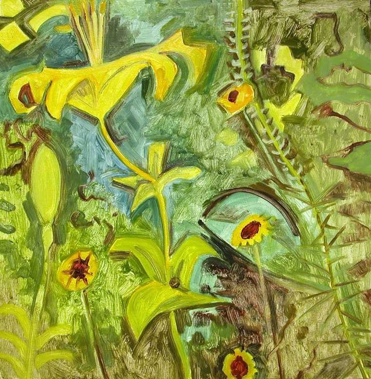 Yellow Lilies with Friends, 2004, oil on Masonite, 12 x 11 3/4 inches